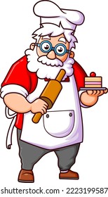 The santa claus as the baking is making the cute cake for the christmas party of illustration