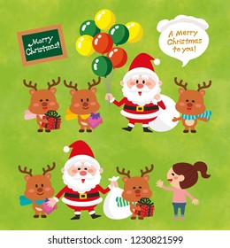 Santa Claus with a balloon.Santa Claus with bag.Cute reindeer.Vector illustration.Watercolor texture background.