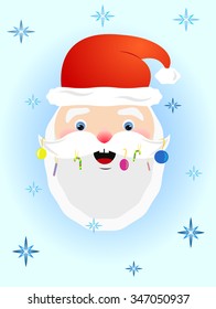 Santa Claus with balls and candy in the beard

