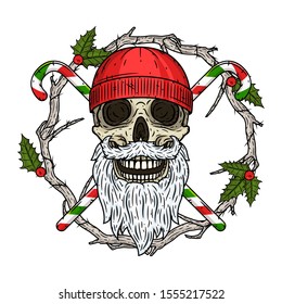Santa Claus bandit. The skull of Santa Claus in the background of the branches of the mistletoe and crossed candies. 