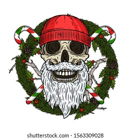 Santa Claus bandit. The skull of Santa Claus with Christmas wreath
