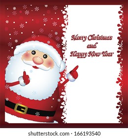 Santa Claus with banner, Merry Christmas and Happy New Year text greeting card. Winter holiday background, vector
