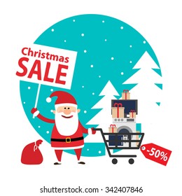 santa claus with banner and shopping cart full of purchases and gift boxes. christmas sale