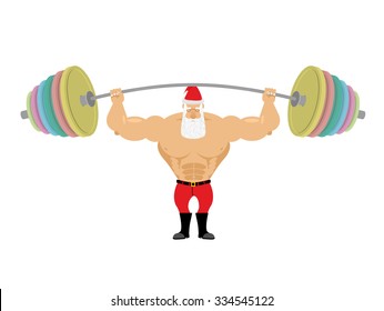 Santa Claus And Barbell. Bench Press Barbell Above His Head. Exercises For Shoulders. Strong Powerful Old Man With Grey Beard. Fabulous Grandfather Strongman.