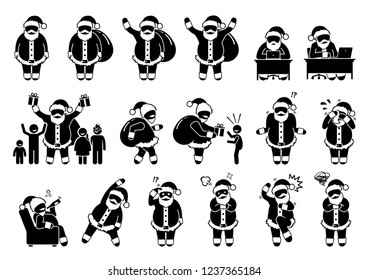 Santa Claus basic postures and feelings pictograms. Stick figure depict various poses and emotions of Santa Claus during Christmas. Icons also include using computer and giving gift to children.