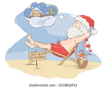 Santa Claus beach vacation / Funny Christmas card,  Santa has a rest, vector illustration