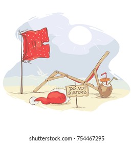 Santa Claus beach vacation / Funny Christmas card, do not disturb - Santa has a rest, vector illustration