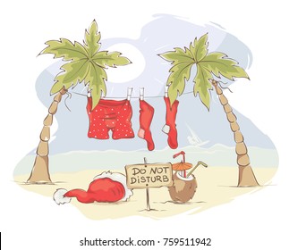 Santa Claus Beach Vacation. Funny Christmas Card - Santa Has A Rest, Vector Illustration