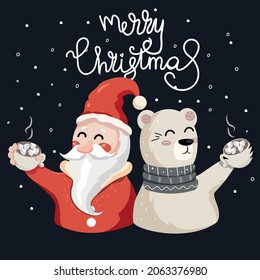 Santa Claus and bear are celebrating with glasses. A funny and cute picture. Merry christmas and a happy new year! 2022 year of the tiger. Dark blue background. Snowfall. Happiness. Banner.