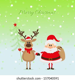 Santa Claus with a bear and a deer with Christmas tree The Christmas card