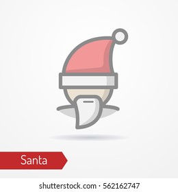 Santa Claus with beard or abstract person celebrating new year in festive hat. Man head isolated icon in flat line style with shadow. Celebration vector stock image.