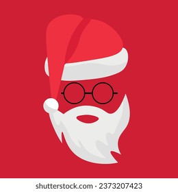 Santa Claus beard, glasses and hat on red background