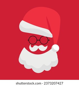 Santa Claus beard, glasses and hat on red background