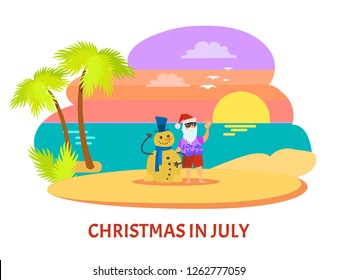 Santa Claus with beard and glasses and red hat with shorts standing with snowman near palm-trees on beach with sunset. Christmas holiday in July vector