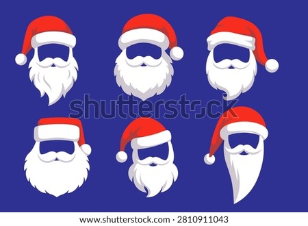 Santa Claus Beard and Hat Collection - Six White Beard Styles with Red Christmas Hats on Blue Background