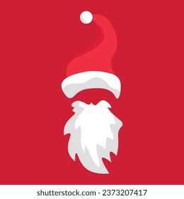 Santa Claus beard and hat on red background