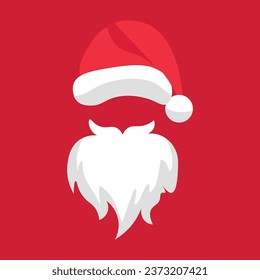 Santa Claus beard and hat on red background