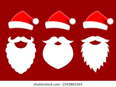 Santa Claus beard with moustache and Santa's hat icon set. Merry Christmas greeting card design element. Xmas template. Vector illustration.