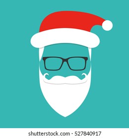 Santa claus with beard, mustache and glasses. Greeting card in hipster style. Flat vector illustration.