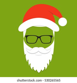 Santa claus with beard, mustache and glasses. Greeting card in hipster style. Flat vector illustration.