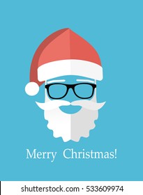 Santa claus with beard, mustache and glasses. Greeting card in hipster style. Flat vector illustration.