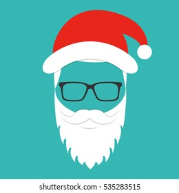 Santa claus with beard, mustache and glasses. Greeting card in hipster style. Flat vector illustration.