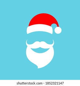 Santa Claus beard and red hat vector icon on blue background