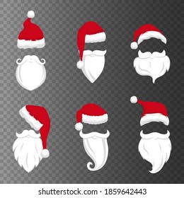 Colección de barbas y sombreros de Santa Claus. Ilustración vectorial.