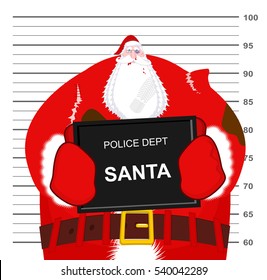 Santa Claus beaten at police department. Christmas fight. Bad Santa criminal. Broken glasses and black eye. Torn clothes. Bruises and abrasions. 