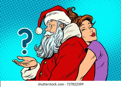 Santa Claus and beautiful woman, a surprise Christmas gift. New year and Christmas. Pop art retro vector illustration