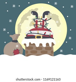 Santa Claus became entangled in the New Year's garland, climbed into the chimney to give gifts to children. New year's night. Vector illustration.