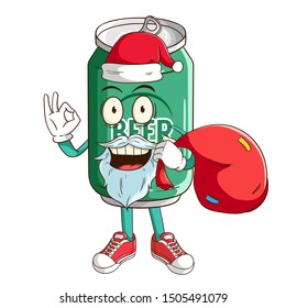 Santa claus of beer can cartoon character carry a red bag with ok hand sign and funny smile face