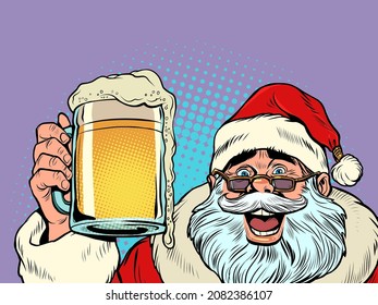 Santa Claus with a beer mug. Pub or bar, a fun party. Christmas and New Year, winter seasonal holiday in December