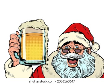 Santa Claus with a beer mug. Pub or bar, a fun party. Christmas and New Year, winter seasonal holiday in December