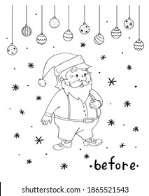 Santa Claus before and now the COVID-19 coronavirus. Merry Christmas and happy New year in quarantine, pandemic. Skeptical Pandemic Greeting Card, Black Humor Concept