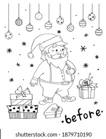 Santa Claus before and now the COVID-19 coronavirus. Merry Christmas and happy New year in quarantine, pandemic. Skeptical Pandemic Greeting Card, Black Humor Concept