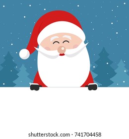 santa claus behind blank banner christmas winter landscape background
