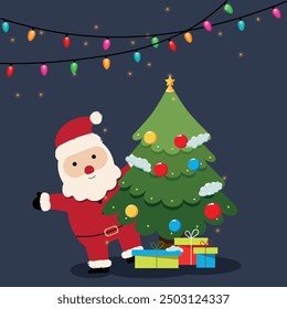 Santa Claus behind Christmas tree with gifts and Christmas lights greeting card 