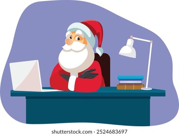 
Santa Claus Behind a Desk in his Office Vector Cartoon. Corporate Santa working had during the holidays 
