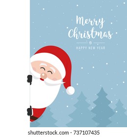 santa claus behind side banner christmas greeting text winter landscape background