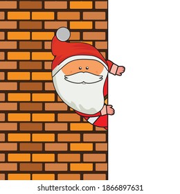 santa claus behind the wall is looking in flat design