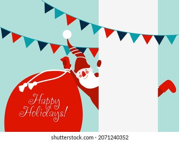 Santa Claus behind white banner having fun. Cute Christmas and Happy Holidays vector illustration card