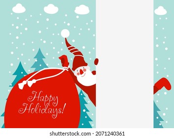 Santa Claus behind white banner having fun. Cute Christmas and Happy Holidays vector illustration card