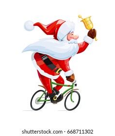 Santa claus with bell at bicycle. Christmas cartoon character. Old-man drive cycle to new year celebration. Winter holiday. Isolated white background. Vector illustration.