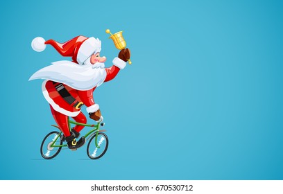 Santa claus with bell at bicycle. Christmas cartoon character. Old-man drive cycle to new year celebration. Winter holiday. Vector illustration.