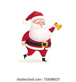 Santa Claus with bell. Christmas character in cartoon style. Vector illustration isolated.