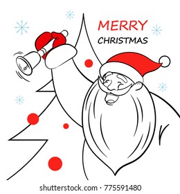 Santa Claus with bell and Christmas tree. Vector linear illustration.