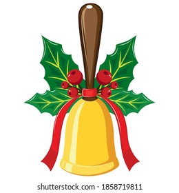 Santa Claus bell decorated with holly leaves, berries and a red ribbon. Vector in a flat style on a white background.