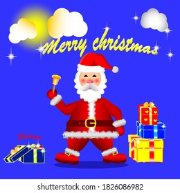 Santa claus with bell and gift boxes on blue background with moon and stars