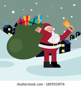 santa claus with bell and gifts bag christmas character vector illustration design
